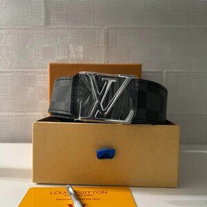 Black Leather Belt with a Silver Buckle LV logo